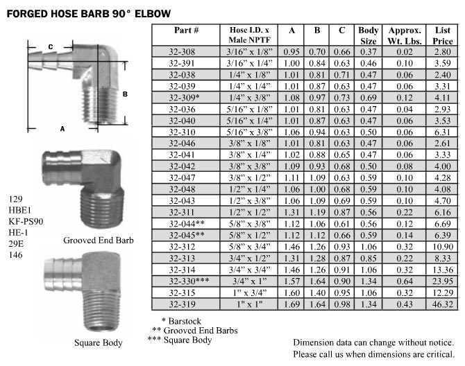 Brass elbow hose barb by pipe thread