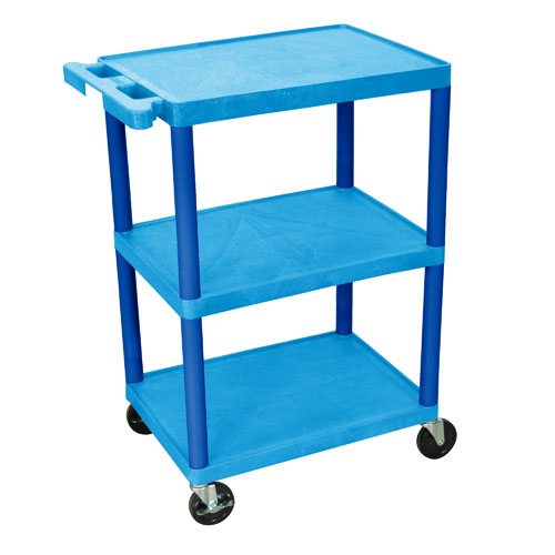  HE34 Three Shelf Utility Cart  The HE34 is a large three shelf utility cart with 4" swivel casters. 34" high with 12" clearance between shelves. Wt. 27 lbs.      Lifetime warranty - Molded shelves and legs will never scratch, dent, or rust     Strong heavy-duty, high-density polyethylene constructions     Integral push handle is molded into top shelf     Quiet easy-rolling casters     400 lbs. weight capacity     Available with 8" big wheels and caster bumpers