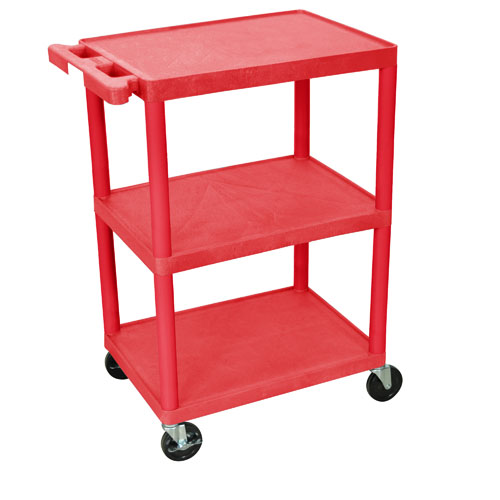  HE34 Three Shelf Utility Cart  The HE34 is a large three shelf utility cart with 4" swivel casters. 34" high with 12" clearance between shelves. Wt. 27 lbs.      Lifetime warranty - Molded shelves and legs will never scratch, dent, or rust     Strong heavy-duty, high-density polyethylene constructions     Integral push handle is molded into top shelf     Quiet easy-rolling casters     400 lbs. weight capacity     Available with 8" big wheels and caster bumpers