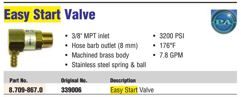 PA easy start valve for pressure washers