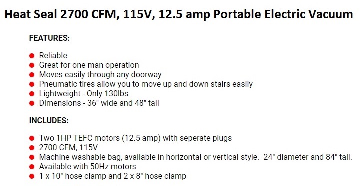 Heat Seal 2700 CFM, 115V, 12.5 amp Portable Electric Vacuum