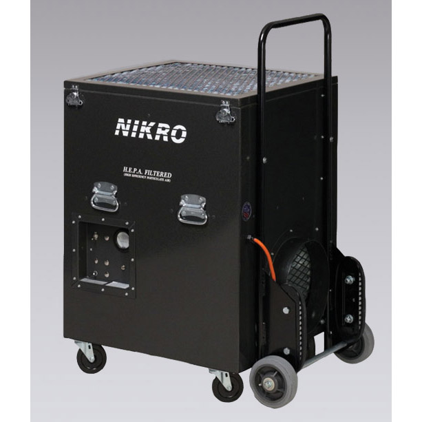Nikro PA2005 - UPRIGHT AIR SCRUBBER This powerful upright unit is extremely versatile with its four caster design, plus built-in dolly with stair climbers it can be easily maneuvered through buildings, hallways and stairways. The PA2005 features a 2 speed blower for controlled air flow, 99.97% HEPA @ 0.3 microns, 12" exhaust hose flange, filter monitoring gauge, hour meter and an aluminum housing with fully welded seams and powder coat paint finish.