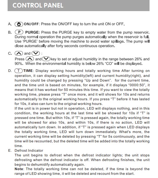 dehumidifer instructions for control panel