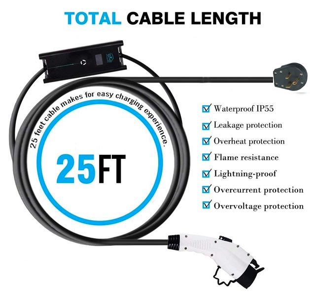 Electric Vehicle Level 2 Ev Charger 240V 32 Amp Adjustable 25ft